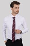 Gömlek Kravat Seti (Bordo Çizgili Kravat & Beyaz Armür Desenli Slimfit Gömlek)