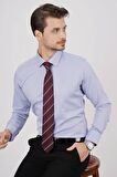 Gömlek Kravat Seti (Bordo Çizgili Kravat & Mavi Baklava Armür Desenli Slimfit Gömlek)
