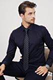 Gömlek Kravat Seti ( sunda Lacivert Çizgi Desenli Kravat & Lacivert Saten Slimfit Gömlek)