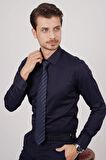Gömlek Kravat Seti ( sunda Lacivert Çizgi Desenli Kravat & Lacivert Saten Slimfit Gömlek)