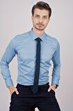 Gömlek Kravat Seti ( İndigo Örgü Desenli Kravat & Şeker Mavisi Saten Slimfit Gömlek)