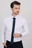 Gömlek Kravat Seti ( sunda İndigo Örgü Desenli Kravat & Beyaz Armür Slimfit Gömlek)