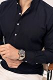 Lacivert Hakim Yaka Üç Düğmeli Slimfit Keten Gömlek