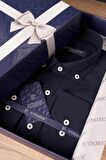 Lacivert Yaka Düğmeli Keten Slimfit   Gömlek