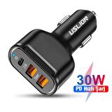 USLİON 30W 2 USB + Type-C Girişli QC3.0 Hızlı Araç Çakmaklık Şarjı