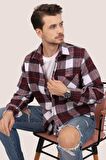Kiraz Beyaz Geçişli Oversize Kalın Oduncu Gömlek