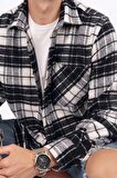 Siyah Beyaz Geçişli Oversize Kalın Oduncu Gömlek