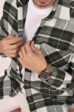 Yeşil Beyaz Geçişli Oversize Kalın Oduncu Gömlek