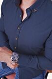 İndigo Yaka Düğmeli Keten Slimfit Gömlek