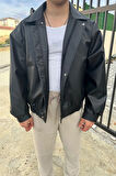 Oversize Vintage Erkek Siyah Deri Ceket