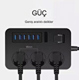 3000W Güç Şeridi Dalgalanma Koruyucusu 3 AC Çıkışları ve 6 USB Şarj Portu  Akım Korumalı Grup Priz