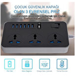 3000W Güç Şeridi Dalgalanma Koruyucusu 3 AC Çıkışları ve 6 USB Şarj Portu  Akım Korumalı Grup Priz