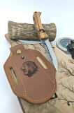 Aslan Motif Kamp Outdoor Bıçağı İsme Özel Seri Deri Kılıf Set