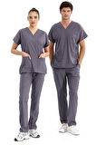 Kurşuni Gri Lüks Likralı Greys Alt Üst Takım Doktor Hemşire Scrubs Üniforma