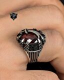 Zülfikar Kılıç Figürlü 925 Ayar Gümüş Erkek Yüzüğü Kırmızı Zirkon Taşlı