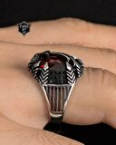 Zülfikar Kılıç Figürlü 925 Ayar Gümüş Erkek Yüzüğü Kırmızı Zirkon Taşlı