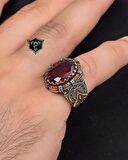 Kırmızı Zirkon Taşlı Zirkon Taş Süslemeli 925 Ayar Gümüş Erkek Yüzüğü