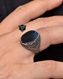 Oniks Taşlı Zirkon Taş Süslemeli 925 Ayar Gümüş Erkek Yüzüğü