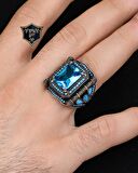 Aquamarine Taşlı Zirkon Taş Süslemeli 925 Ayar Gümüş Erkek Yüzüğü 
