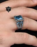 Aquamarine Taşlı Turkuaz Taş Süslemeli 925 Ayar Gümüş Erkek Yüzüğü