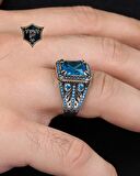 Aquamarine Taşlı Turkuaz Taş Süslemeli 925 Ayar Gümüş Erkek Yüzüğü