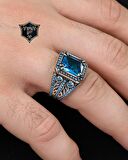 Aquamarine Taşlı Turkuaz Taş Süslemeli 925 Ayar Gümüş Erkek Yüzüğü