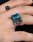 Aquamarine Taşlı Turkuaz Taş Süslemeli 925 Ayar Gümüş Erkek Yüzüğü