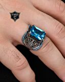 Aquamarine Taşlı Turkuaz Taş Süslemeli 925 Ayar Gümüş Erkek Yüzüğü