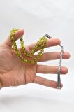 33'lük Doğal Peridot Taşlı Tesbih 925 Ayar Gümüş Püsküllü 10mm Küre Kesim