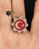 Ay Yıldızlı Kırmızı Mineli 925 Ayar Gümüş Erkek Yüzüğü