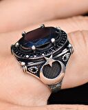 925 Ayar Gümüş Erkek Yüzüğü Siyah Zirkon Taşlı Ay Yıldız Figürlü