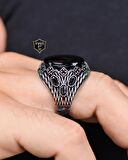 925 Ayar Gümüş Erkek Yüzüğü Oniks Taşlı Zirkon Taş Süslemeli