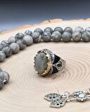 33'lük Doğal Jasper Taşlı Tesbih Seti Ve 925 Ayar Gümüş Labradorit Taşlı Erkek Yüzüğü 