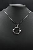 Ay Yıldızlı (Ay Yıldız) Zirkon Taş Süslemeli Kolye Gümüş Zincir 925 Ayar
