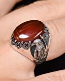 925 Ayar Gümüş Erkek Yüzüğü Akik Taşlı Kartal Figürlü