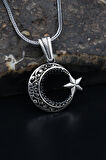 Ay Yıldızlı (AYYILDIZLI) 925 Ayar Gümüş Kolye Zincir Siyah Mikro Taş Süslemeli 901144