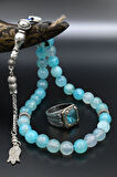 AQUA MARİN (Aquamarine) Taşlı Tesbih Ve 925 Ayar Gümüş Erkek Yüzüğü Aquamarine (AQUA MARİN) Taşlı 901422