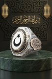 Ay Yıldızlı - Ay Yıldız ve La Galibe Illallah Yazlı 925 Ayar Gümüş Erkek Yüzük 902640