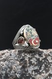 925 Ayar Gümüş Yüzük Ay Yıldızlı - Üç Hilal - Bozkurt Göktürkçe Türk Yazılı Mineli  902720