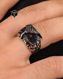 925 Ayar Gümüş Yüzük Baykuş Figürlü Kırmızı Zirkon