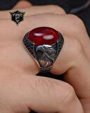 Gümüş Erkek Yüzük Kırmızı Zirkon Taşlı Kartal Figürlü
