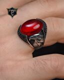 Gümüş Erkek Yüzük Kırmızı Zirkon Taşlı Kartal Figürlü
