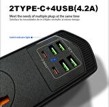 qasul Yeni Nesil TypC Port Girişli Akım Korumalı 10 Girişli 4 Priz 4 USB, 2 Type-C Giriş, Isıya Dayanıklı