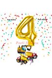 Altın Renk Rakam Balon Küçük Boy İnşaat Balonlu 4 Yaş İnşaat Kamyon Konspet Doğum Günü Balon Set