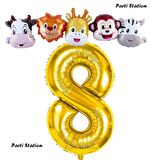 Altın Renk Rakam Balonlu Safari 8 Yaş Doğum Günü Parti Balon Set Safari Hayvanlar Tema Parti