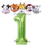 Yeşil Renk Rakam Balonlu Safari 1 Yaş Doğum Günü Parti Balon Set Safari Hayvanlar Tema Parti
