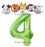 Yeşil Renk Rakam Balonlu Safari 4 Yaş Doğum Günü Parti Balon Set Safari Hayvanlar Tema Parti