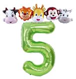 Yeşil Renk Rakam Balonlu Safari 5 Yaş Doğum Günü Parti Balon Set Safari Hayvanlar Tema Parti