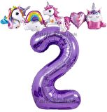 Mor Renk Rakam Balonlu Unicorn 2 Yaş Doğum Günü Parti Balon Set Unicorn Tema Lila Renk Parti Seti
