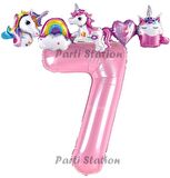 Pembe Renk Rakam Balonlu Unicorn 7 Yaş Doğum Günü Parti Balon Set Pembe Renk Unicorn Tema Parti Seti